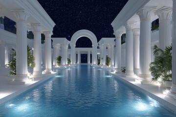 Obraz premium Elegant architecture surrounding a serene pool reflecting the night sky. The pillars are of grand design, setting a luxurious ambiance.