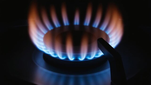 Burning the gas on the stove. Close up shot of fire from gas kitchen stove