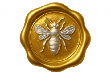 Golden wax seal with silver bee emblem, symbolizing premium craftsmanship against clean transparent surface