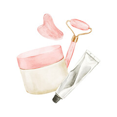 Watercolor self-care clipart with cosmetic cream jars, jade roller and gua sha stone, isolated illustration for skincare branding, spa design, wellness packaging, beauty blog, cosmetics shop, posters.