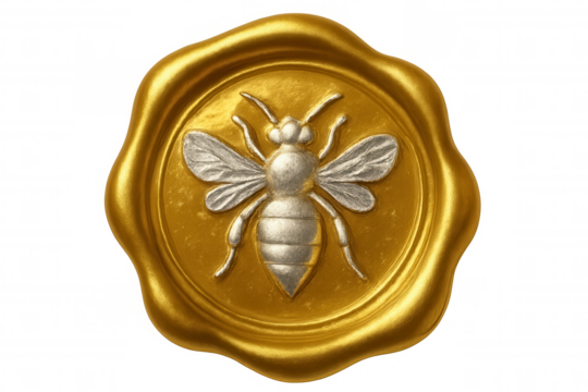 Golden wax seal with silver bee emblem, symbolizing premium craftsmanship against clean transparent surface