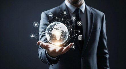 Professional businessman holding glowing world globe with digital network icons representing global connection and innovative technology solutions