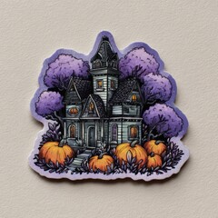 A sticker of purple haunted house surrounded by trees and pumpkins, in a cartoon style