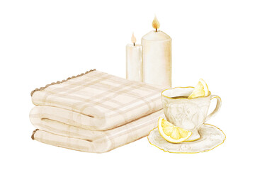 Watercolor cozy plaid blanket, lemon tea in vintage cup and burning candles. Isolated clipart for hygge-style designs, mental health blogs, relaxation prints, home decor products, journaling, planner.