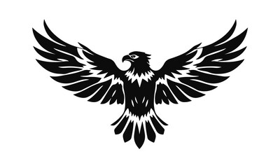 Eagle logo template. Black and white silhouette of an eagle with spread wings. Symmetrical and stylish logo, perfect for branding and emblems