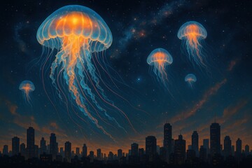Naklejka premium Celestial Cityscape: An imaginative art piece presents the city skyline at night, illuminated with ethereal jellyfish floating gracefully above, adding a touch of the fantastic.