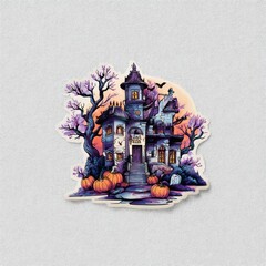 A sticker of purple haunted house surrounded by trees and pumpkins, in a cartoon style