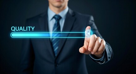 Professional businessman enhancing company quality through digital interface for optimal performance and growth strategy in modern business operations