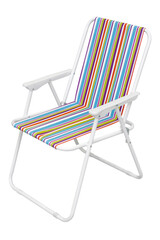 Folding beach chair, white steel framework, multicolor striped fabric seat