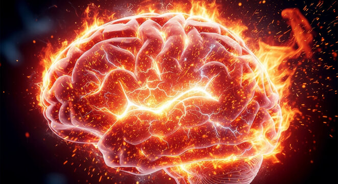 Hyper-realistic close-up of human brain on fire, glowing neural pathways