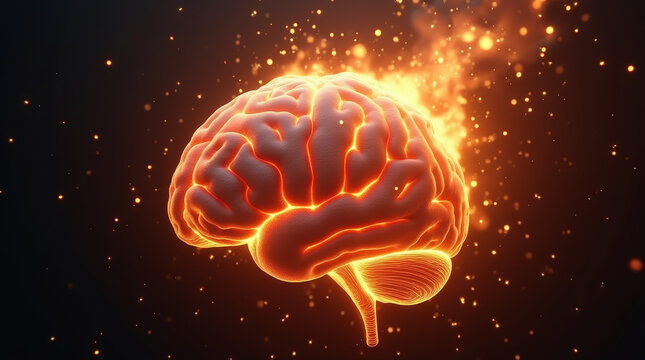 Hyper-realistic close-up of human brain on fire, glowing neural pathways