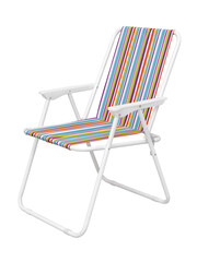 Folding beach chair, white steel framework, multicolor striped fabric seat