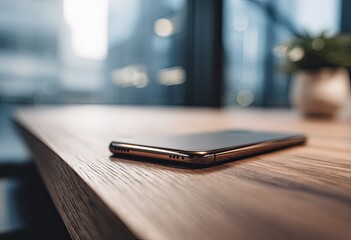 Sleek phone rests on a wooden table, city view in background