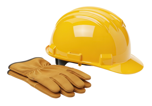 Yellow Safety Hard Hat and Brown Leather Work Gloves Isolated on White Background