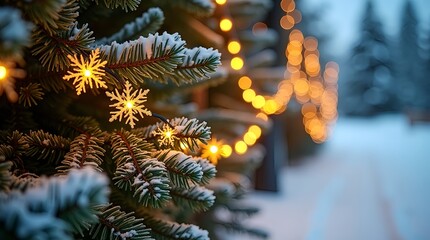 Festive winter scene of pine tree wrapped in glowing string lights, snow sparkling on branches and surrounding ground, vivid colors, soft blue winter sky, bright and warm atmosphere, sharp focus