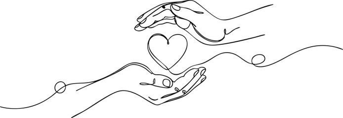 Two hands, one above and one below, protect a heart shape with a single, continuous line drawing.