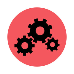 Three black gears interlocking on red circle