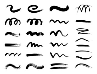 Collection of Black Brush Stroke Lines and Swirls on White Background