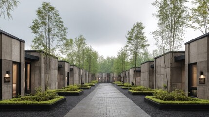 Fototapeta premium Modern outdoor courtyard with lined structures, large glass windows, warm lights, and greenery,