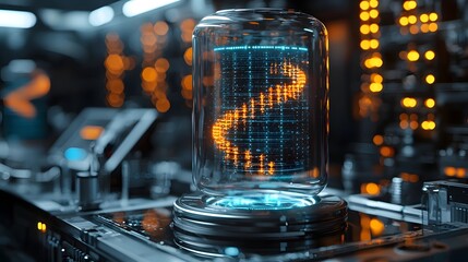 Digital DNA double helix structure glowing in a futuristic glass cylinder showcasing advanced scientific research and data storage