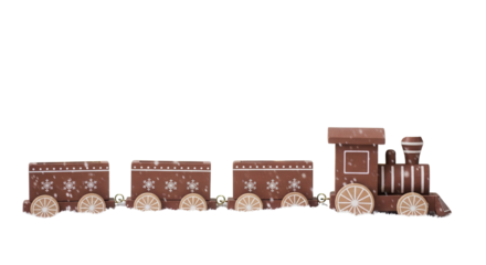 Isolated Brown Wooden Toy Train Christmas Decoration with Snowflake Pattern and Artificial Snow