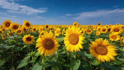 Fototapeta premium Sunny sunflower field under a vibrant blue sky