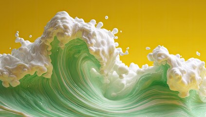 Abstract, vibrant green and white waves on a yellow background
