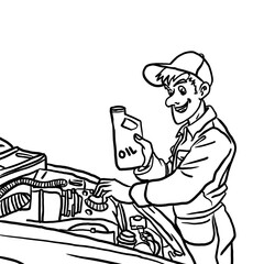 Coloring Page mechanic pouring oil while smiling, bold outlines, vibrant comic coloring.