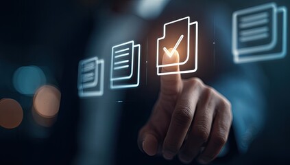 A person's finger touches a glowing checkmark on digital documents