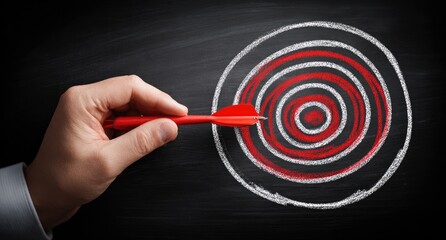 Hand aiming a red dart at a target drawn on a chalkboard