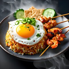 Gourmet Nasi Goreng with Fried Egg, Satay Skewers, and Prawn Crackers