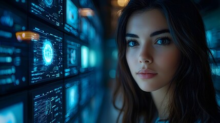 A focused young woman in a high tech control room with glowing blue digital screens displaying complex data and network interfaces