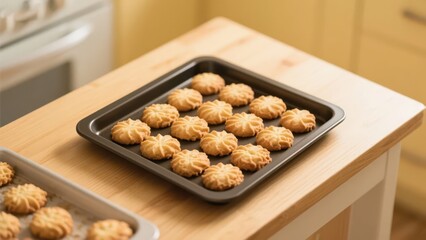 Several cookies are neatly arranged on the baking tray, looking delicious and tempting.