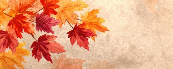 Watercolor painting of autumn leaves on textured paper