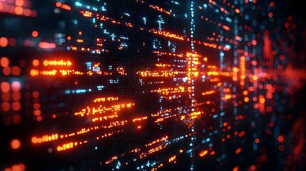 Dynamic abstract representation of digital data flow and network connections in vibrant orange and blue on a dark background