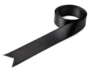 Elegant curved ribbon banner isolated on white background, realistic fabric texture.