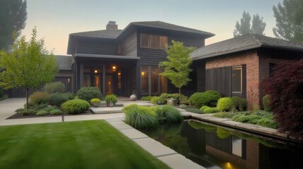 A sleek black modern house with expansive windows and a brick garage extension,