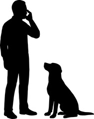 Silhouette vector of a man talking on a mobile phone, while a dog waits patiently beside him, white background