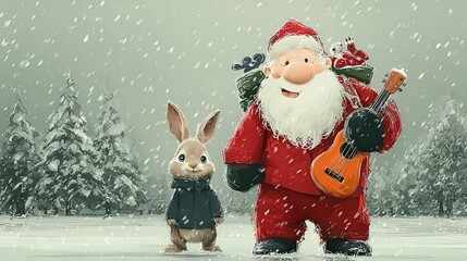 Cozy Christmas house with Santa playing ukulele and bunnies, snowy winter wonderland, decorated tree, falling snowflakes, 3D cartoon illustration