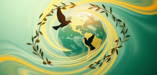 Abstract swirling globe with olive branches and dove silhouettes,  diversity,  peace symbol