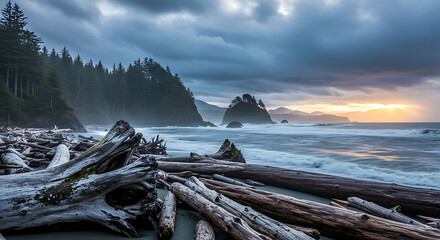 Driftwood on a misty beach with stormy clouds and ocean waves
