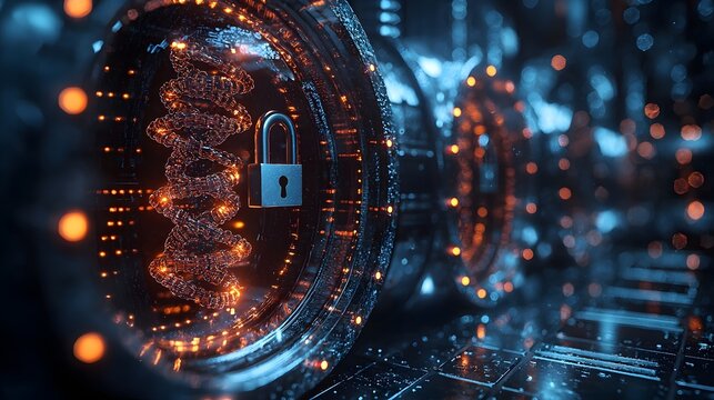 Digital biosecurity concept featuring a glowing DNA helix and a padlock within an abstract futuristic data environment