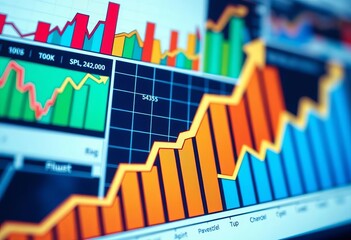 A close-up shot of various financial charts and graphs depicting investment growth,  business,  data
