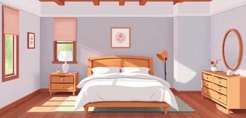 A cozy bedroom interior with bed, nightstand, and dresser Vector illustration, furniture, home decor