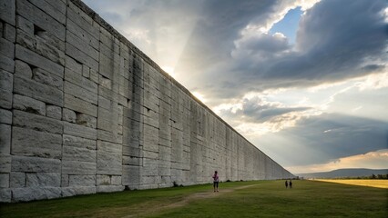 Wide Angle View of Colossal Fantasy Stone Wall with Tiny Humans at Base for Epic Landscape