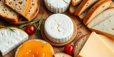 A delightful array of cheese and bread appetizers, perfect for a light lunch or party, meal, event