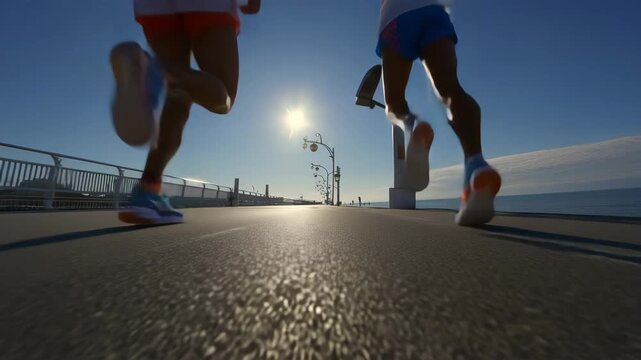 男性が海沿いを走るレース用足元シーン躍動