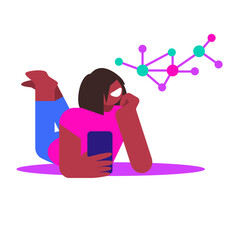 Woman chatting with neural network via mobile phone