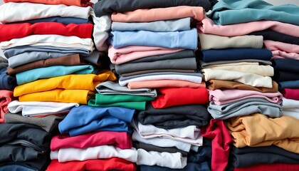 A realistically rendered pile of assorted folded and stacked clothing, including shirts, pants, and jackets in various colors  ,  laundry,  background