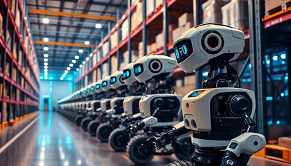 Autonomous robots in a warehouse, AI-powered smart logistics system,  automated guided vehicle,  efficient